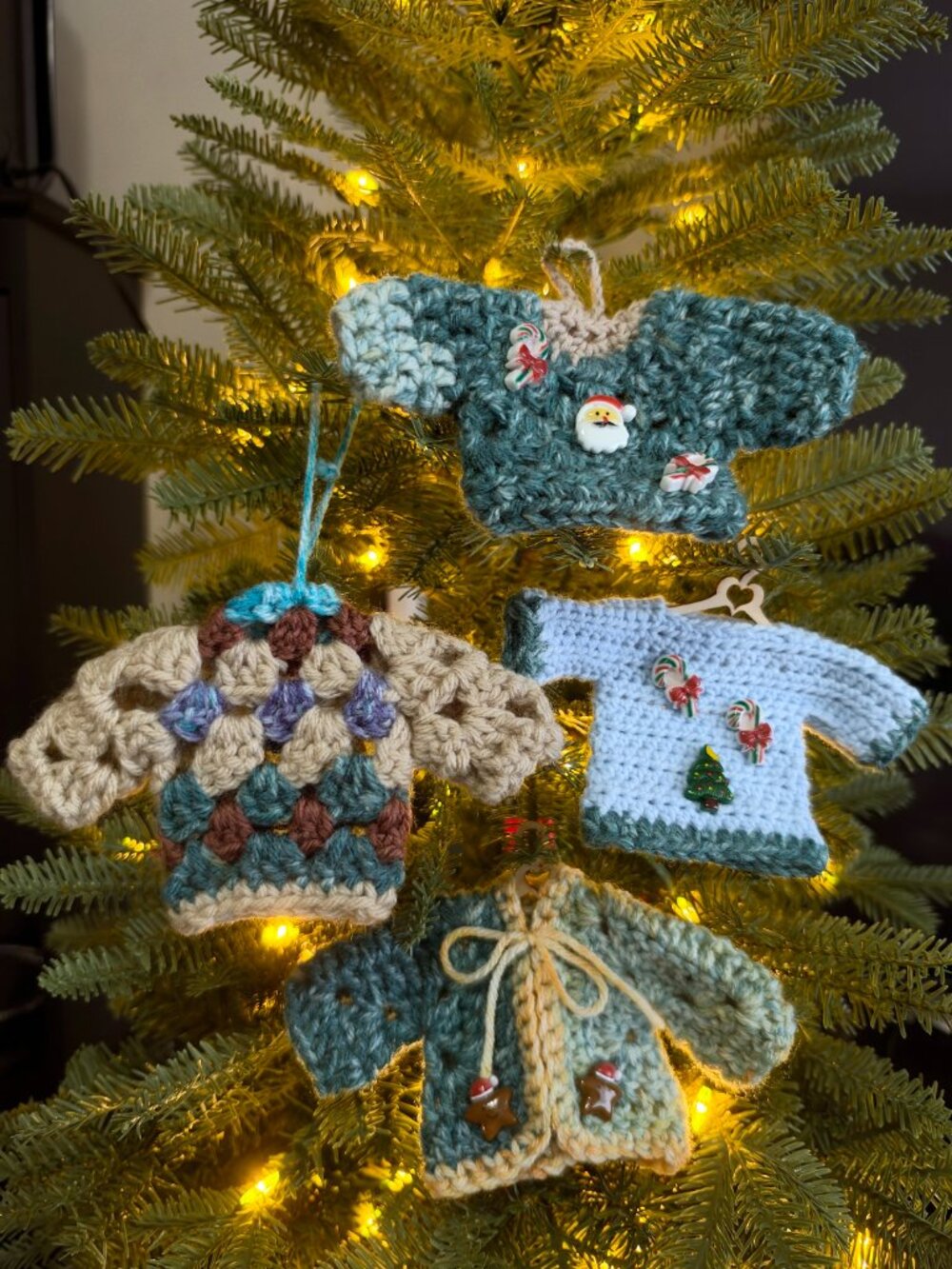 Handmade Crochet Ugly Christmas Sweaters Hanging Blue Beige Ornaments Set of 4